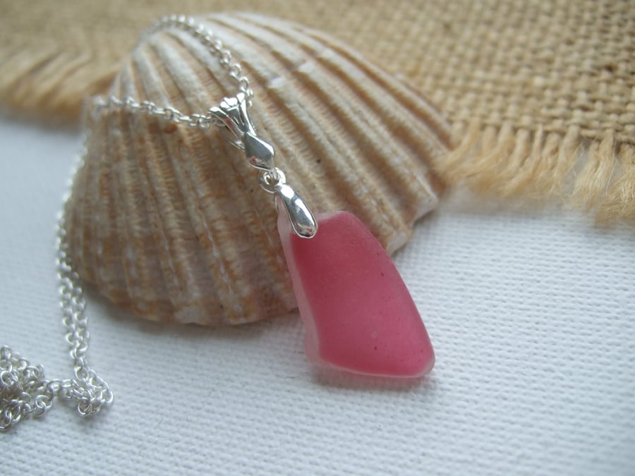 Scottish pink sea glass jewelry, sterling silver pink beach pendant, drop design