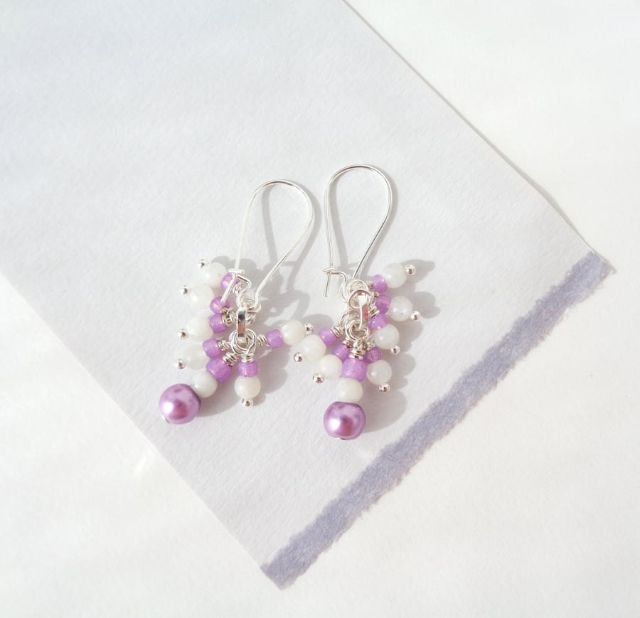 Pinky-Lilac Pearl, White Jade Cluster Gemstone Dangle Earrings Silver