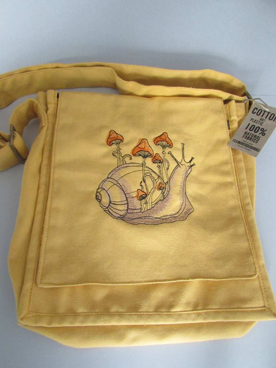 Embroidered Snail & Mushroom Design Eco Cotton Canvas Bag