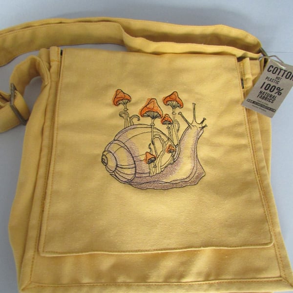Embroidered Snail & Mushroom Design Eco Cotton Canvas Bag