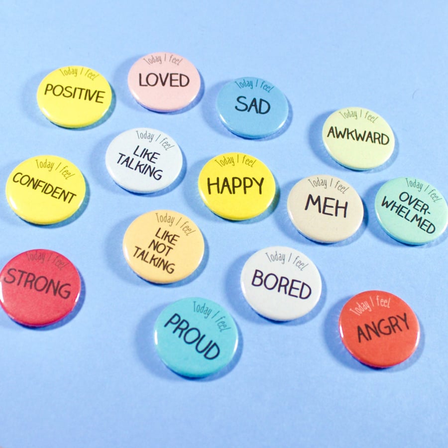 Emotion communication badges. Mini 1" badges. Express your feelings on badges