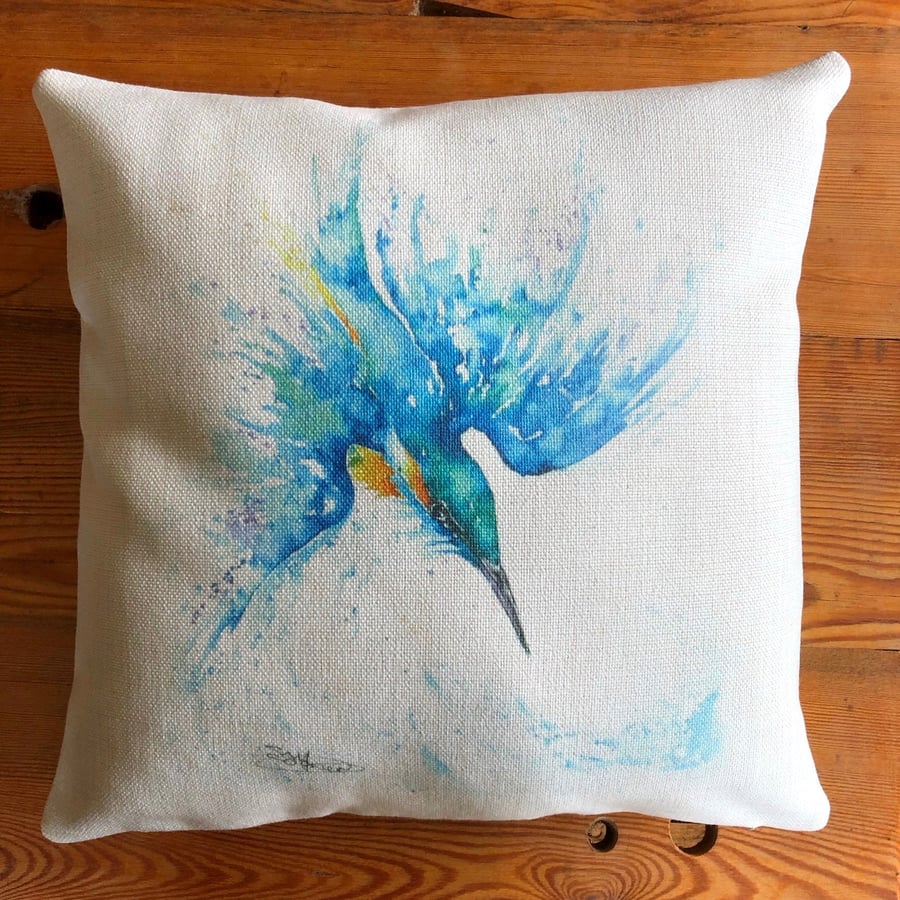 Kingfisher Cushion Cover, Wildlife Art Cushion, Kingfisher Textile Print, Linen 