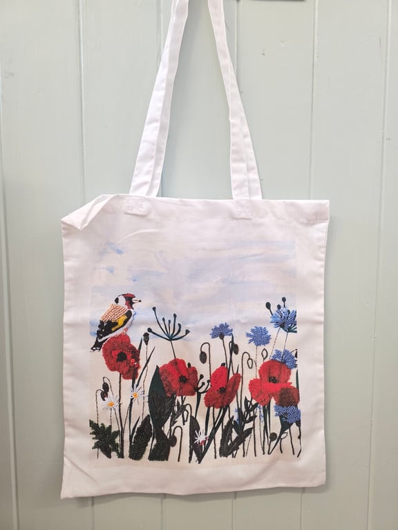 Cotton Tote Bag – Garden Wildflowers Artwork (Poppies, Goldfinch & Cornflowers)