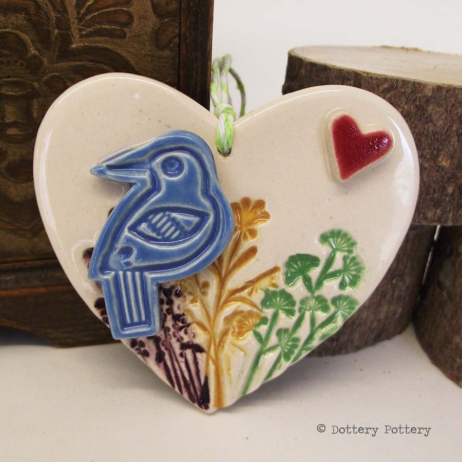 Ceramic heart floral decoration pottery bird gift for gardeners, pottery heart 