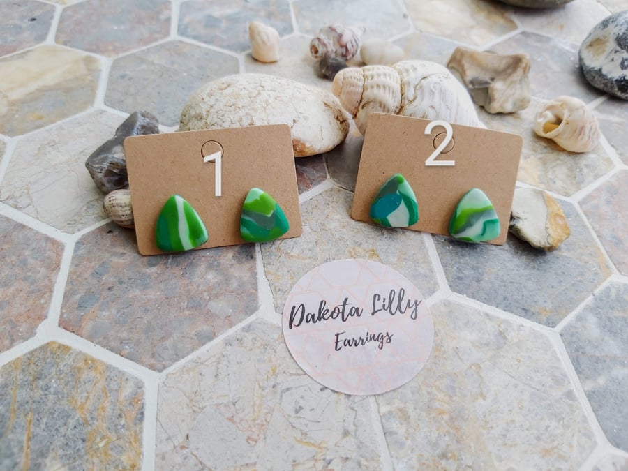 Green, grey and white polymer clay stud earrings