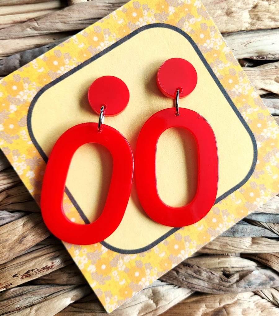 Red Oval Drop Earrings, 1960's Style Handmade Resin Hoops.