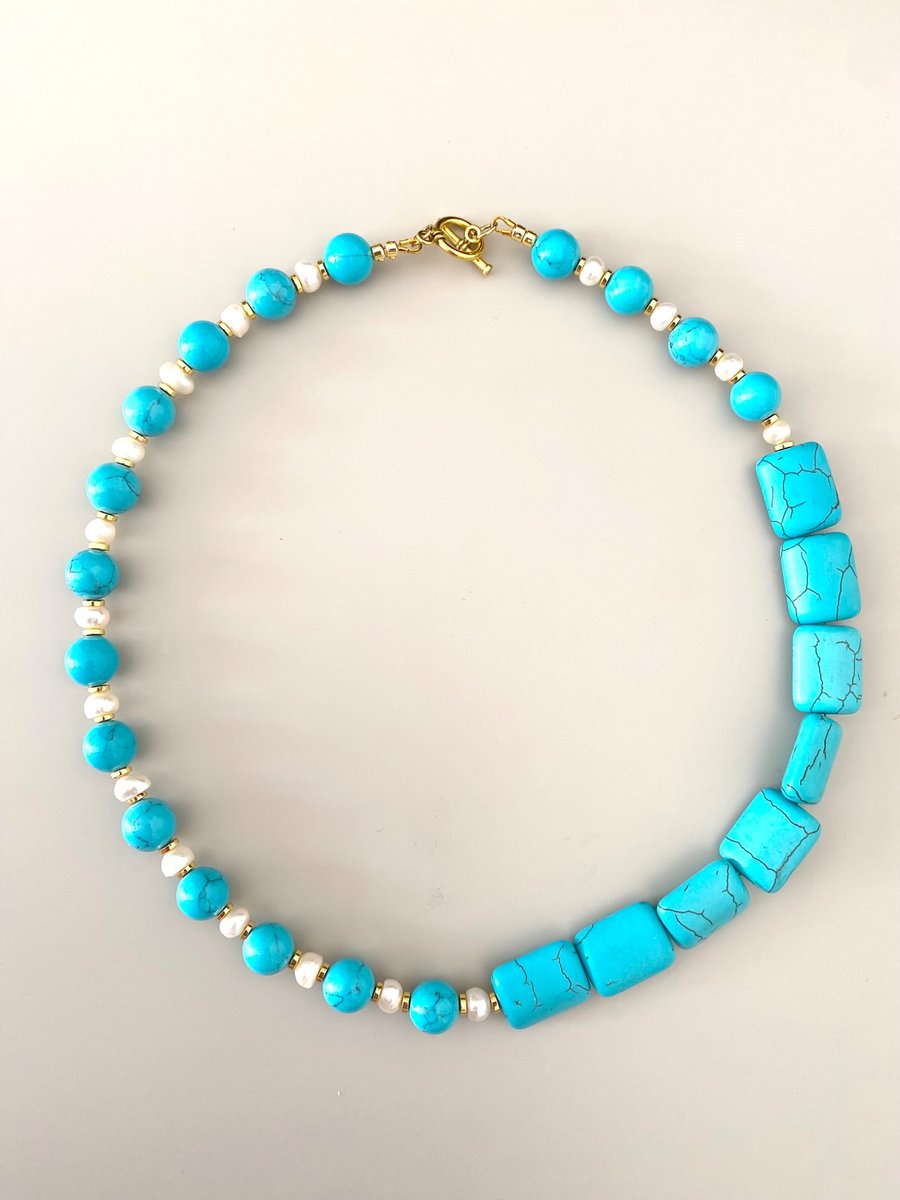 Handmade Natural Blue Stone & Freshwater Pearl Necklace