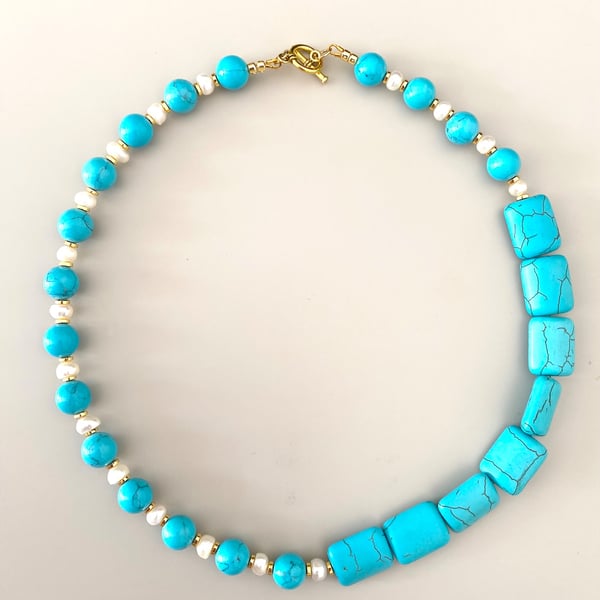 Handmade Natural Blue Stone & Freshwater Pearl Necklace