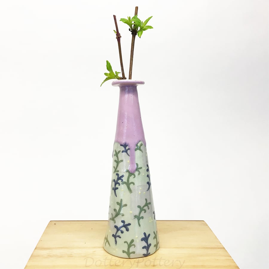 Ceramic bud vase in shades of purple and green