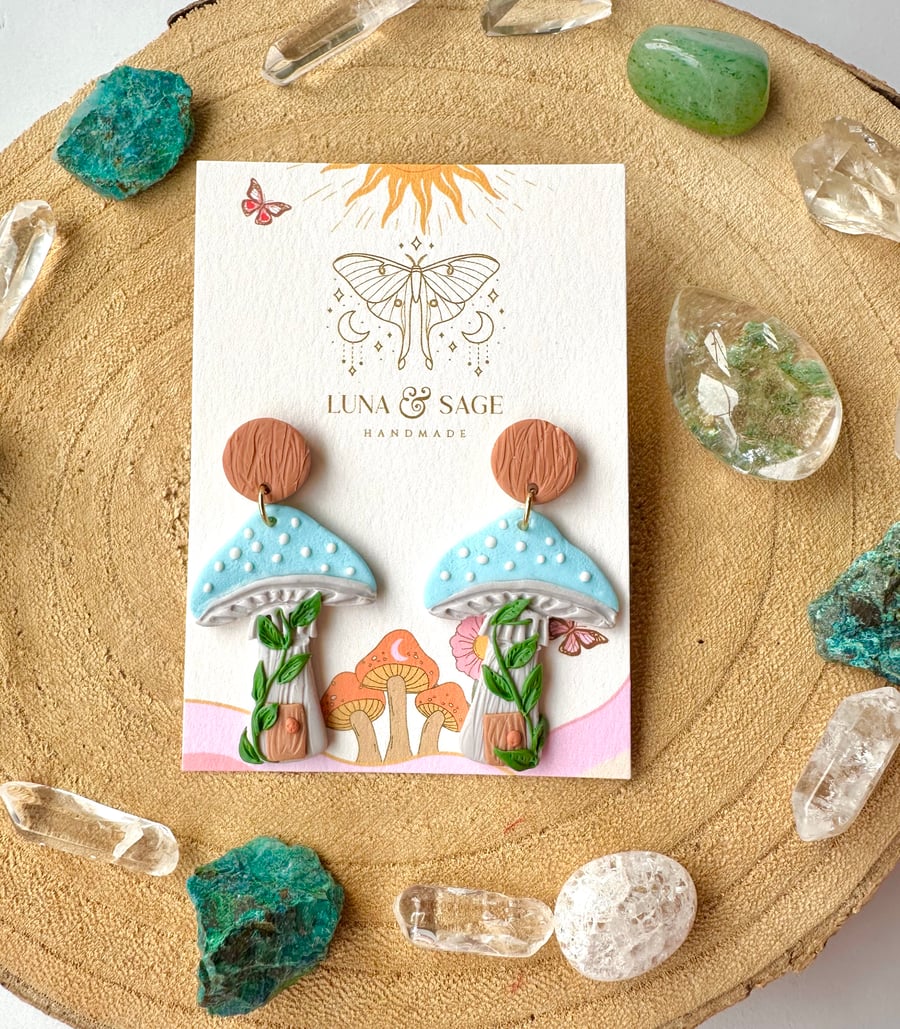 Mushroom Earrings,Wildflower blue Polymer Clay Earrings, Fairytale jewellery