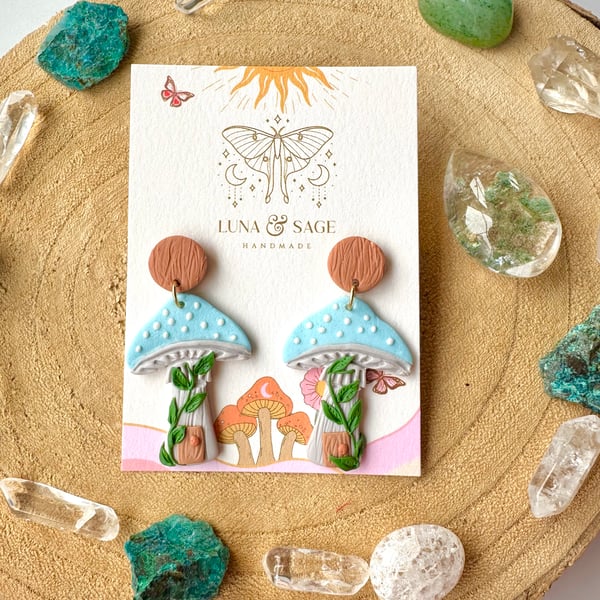 Mushroom Earrings,Wildflower blue Polymer Clay Earrings, Fairytale jewellery