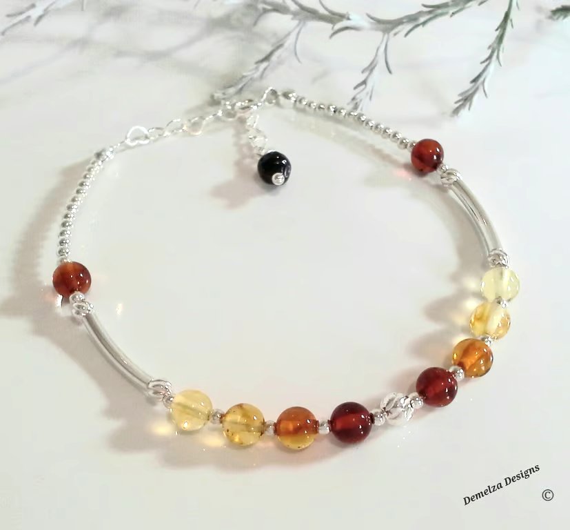 Artisan Dainty Natural Balitic Amber Sterling Silver Bracelet