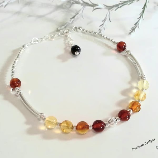 Artisan Dainty Natural Balitic Amber Sterling Silver Bracelet