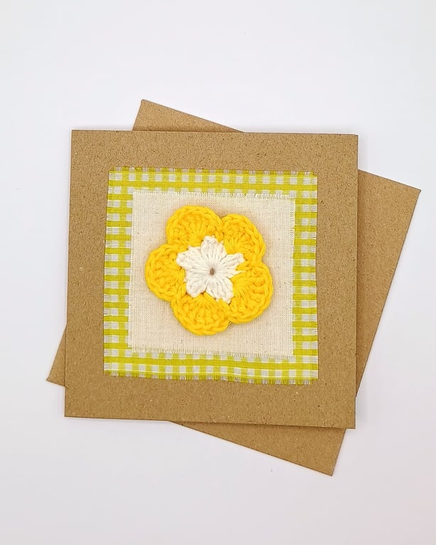 Blank Greetings Card - Crocheted Yellow Flower & Gingham Fabric Card