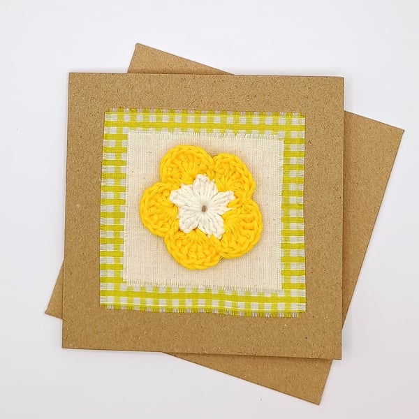 Blank Greetings Card - Crocheted Yellow Flower & Gingham Fabric Card