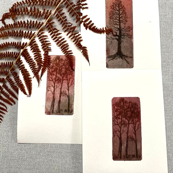 Pine trees in the forest small drypoint print