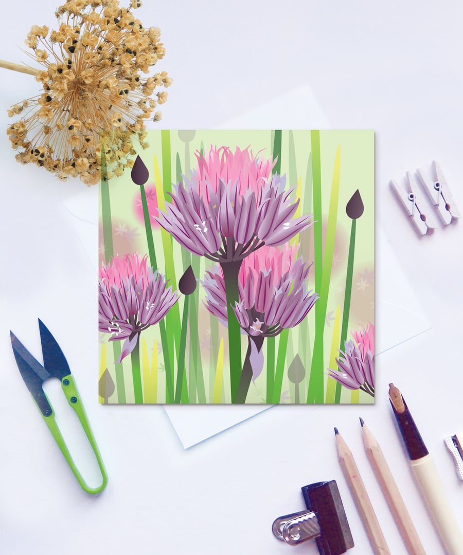 Purple Chives Card - Summer, Floral, Allium, Herb