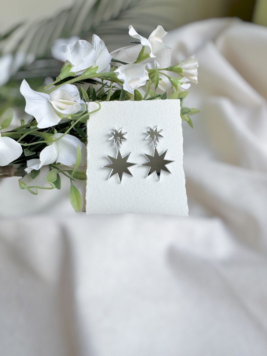 Mirror Silver Starburst Earrings - Statement Star Dangles