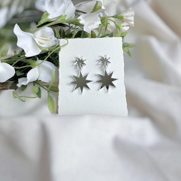 Mirror Silver Starburst Earrings - Statement Star Dangles