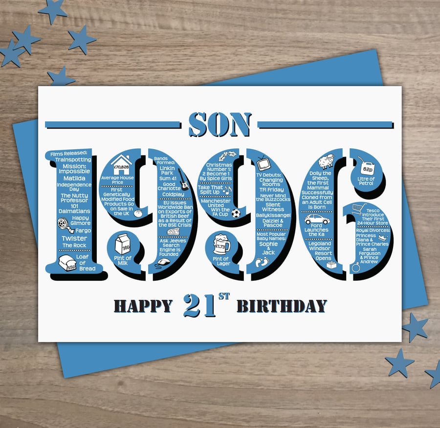 Happy 21st Birthday Son Greetings Card - Year of Birth - Born in 1996 Facts A5