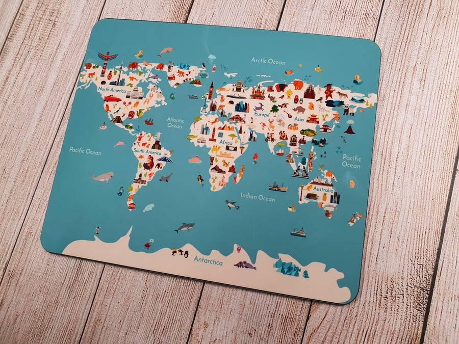 Children's Wooden Placemat - World Map - Printed - Wipe Clean - Personalised 