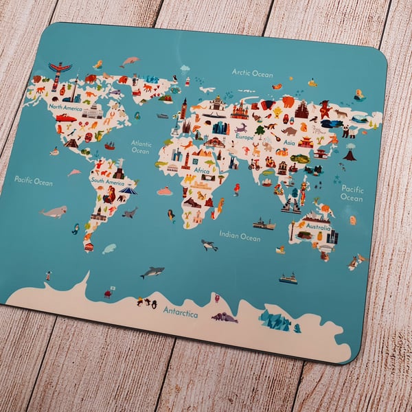 Children's Wooden Placemat - World Map - Printed - Wipe Clean - Personalised 