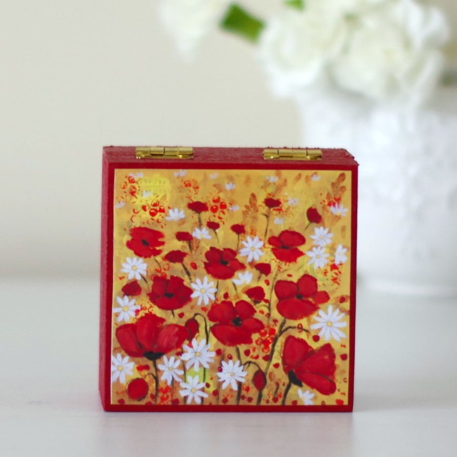 Red Small Jewellery Storage Box with Poppy Art Print