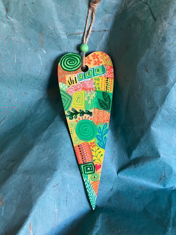 Spring colours hand painted abstract wooden heart