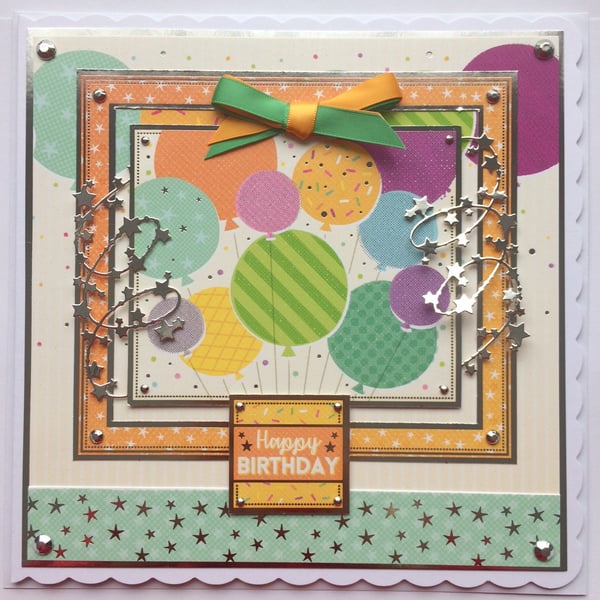 Birthday Card Happy Birthday Party Time Balloons and Stars 3D Luxury Handmade