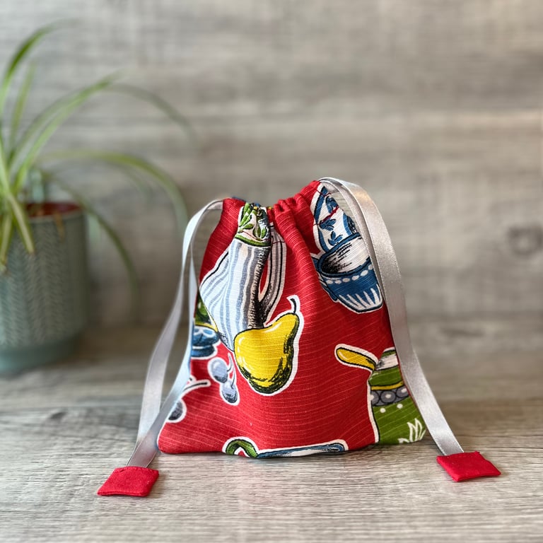 Red Drawstring Bag Vintage 1960s Kitchenalia Fabric 