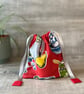 Red Drawstring Bag Vintage 1960s Kitchenalia Fabric 