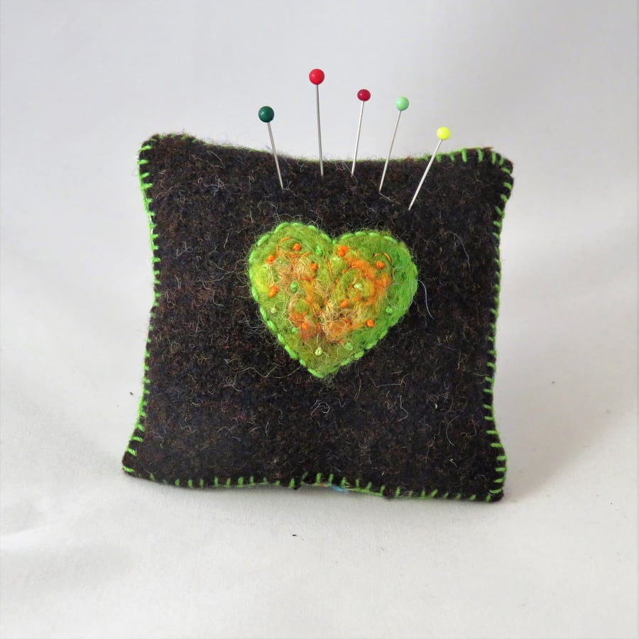 SALE Heart Felted Pincushion on recycled tweed Green and Brown