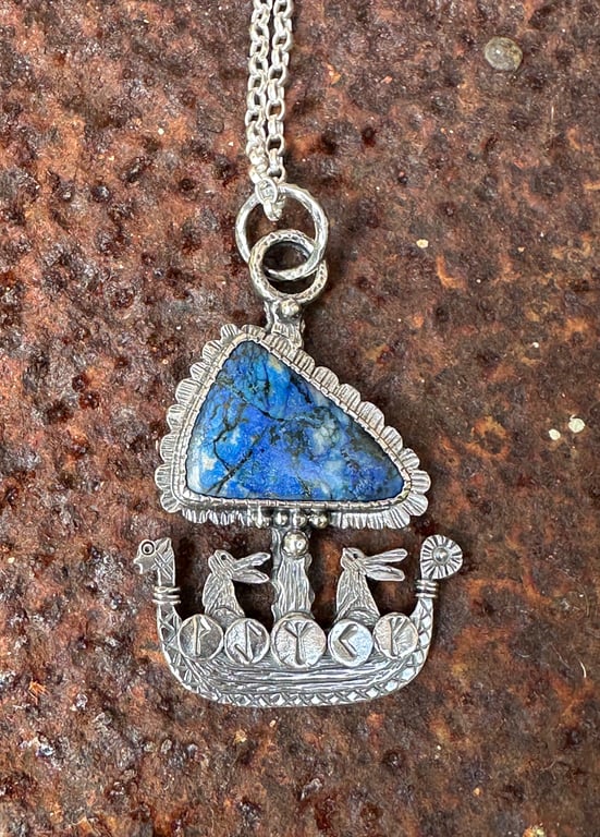 Hare Viking Ship Pendant with Azurite