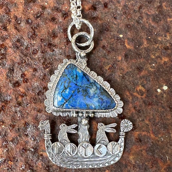 Hare Viking Ship Pendant with Azurite