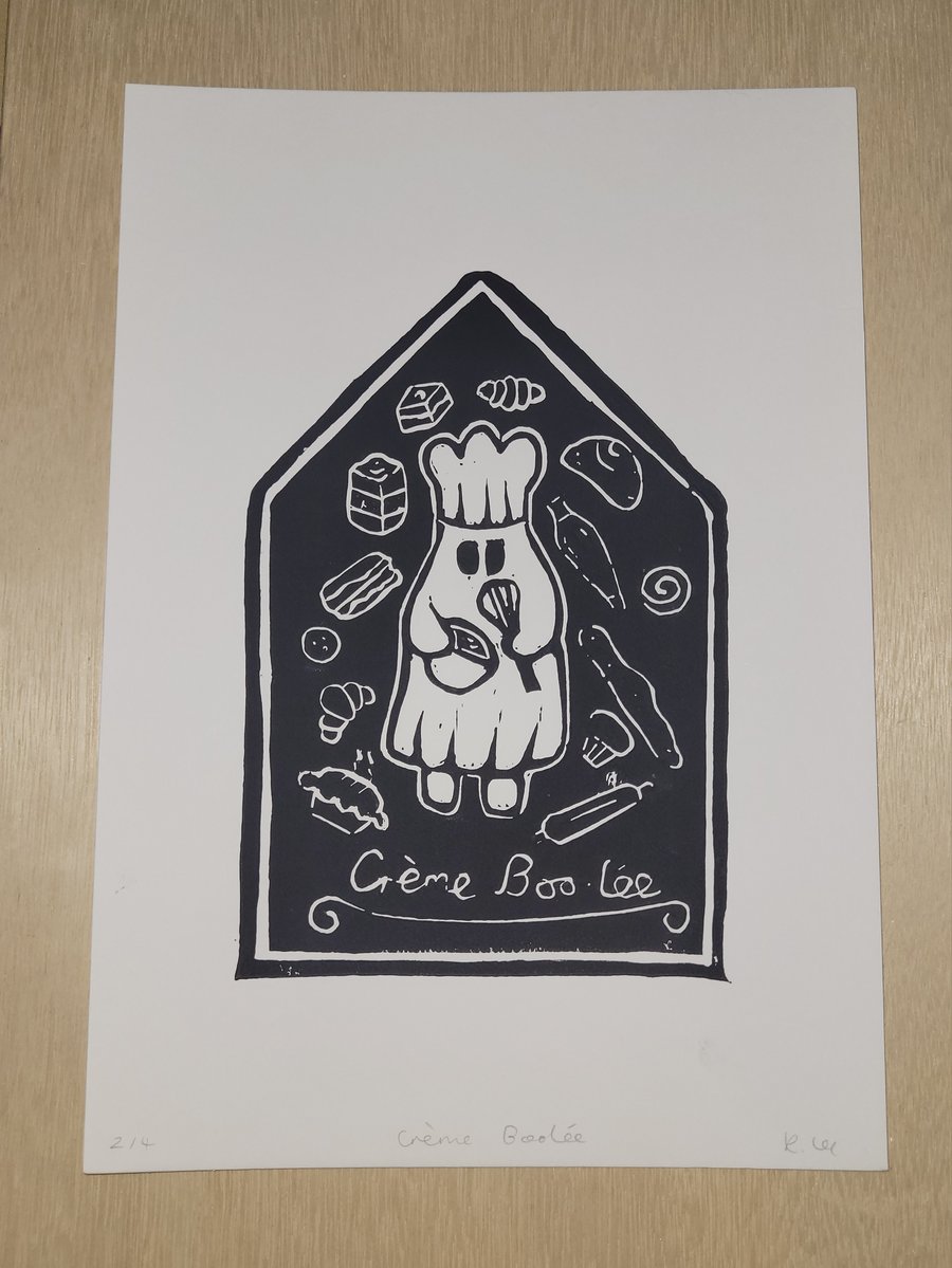 Creme Boo-lee Ghost A4 Lino Print 