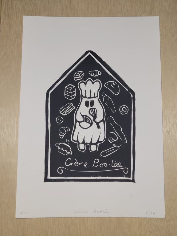 Creme Boo-lee Ghost A4 Lino Print 