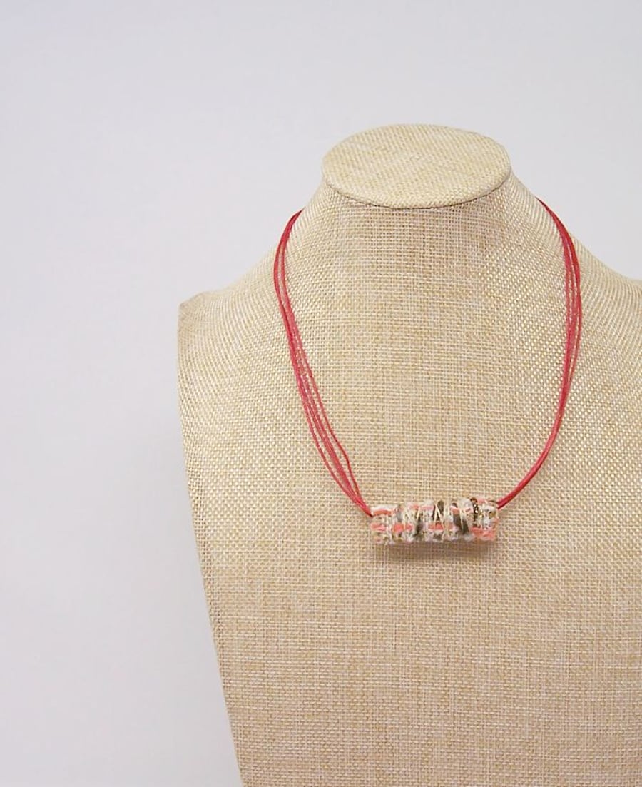 Fabric bead necklace with waxed cotton cord 