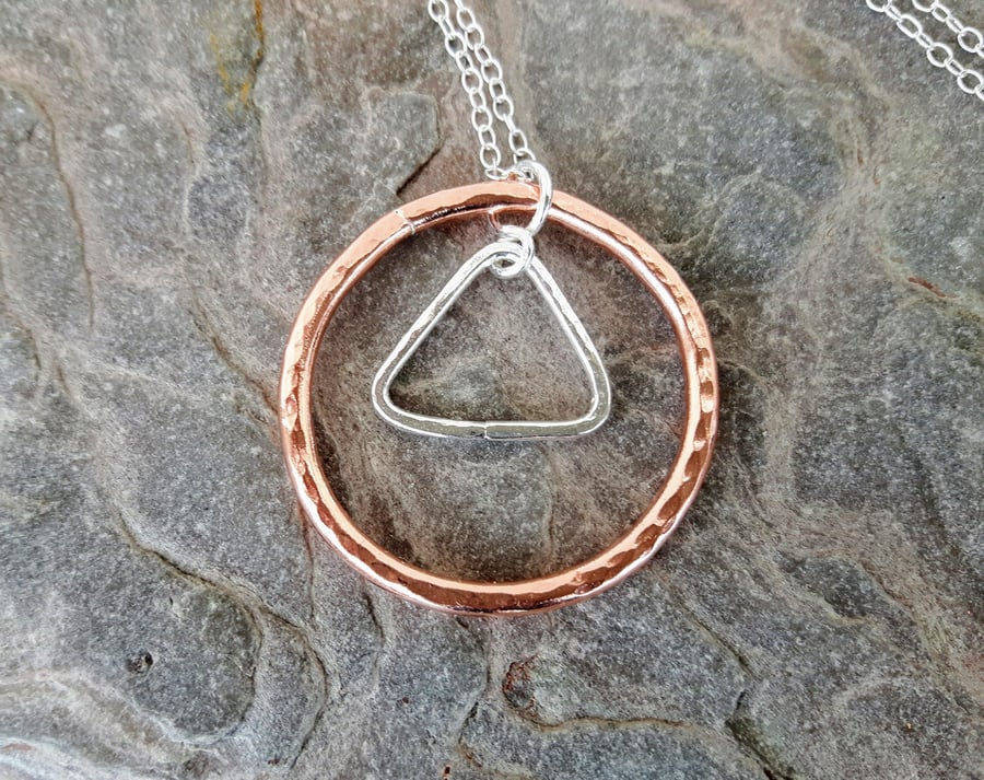 Geometric Pendant Necklace, Silver Triangle in Copper Circle