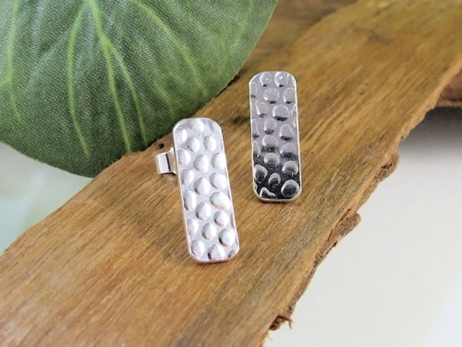 Rectangle Stud Earrings, Recycled Silver Textured Bar Studs