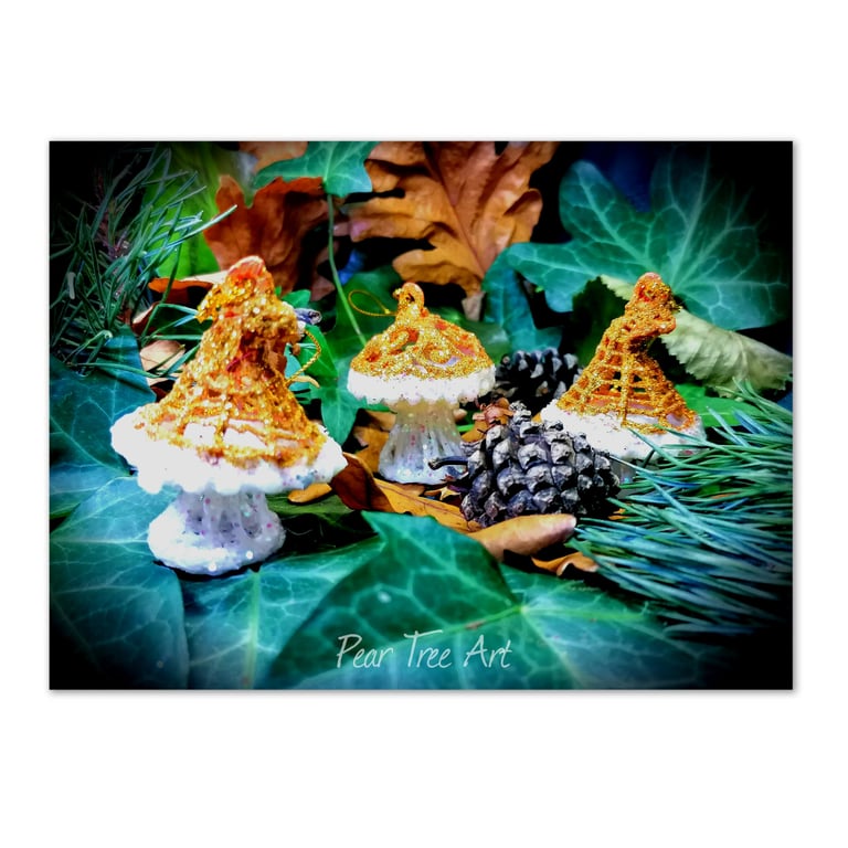 Handmade Gold Toadstool Christmas decorations set of 3