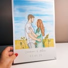 Engagement portrait, watercolour painting, hand painted, engagement gift, A5