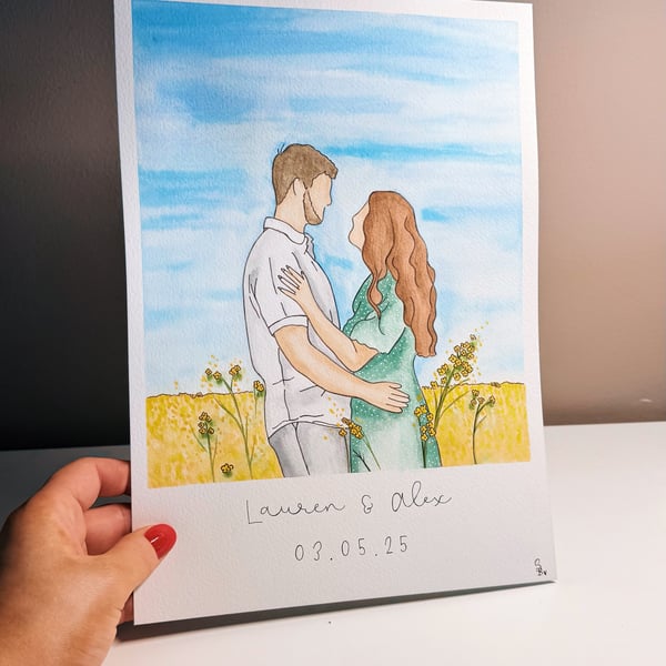 Engagement portrait, watercolour painting, hand painted, engagement gift, A5