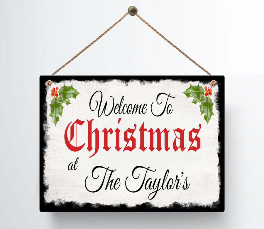 Metal Personalised Unique Christmas Family Sign Welcome Plaque Gift Holly Xmas