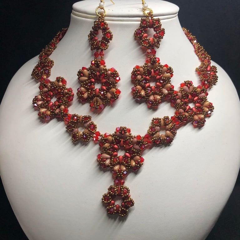 Emily handmade Seed Bead and Crystal Necklace and Earrings set