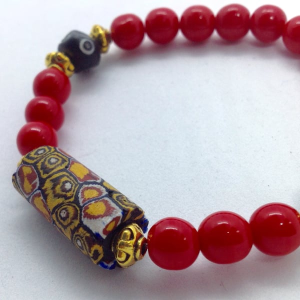 Red and black bracelet with a rare Venetian African glass trade bead