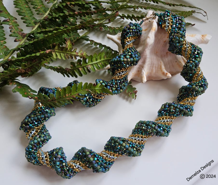 Chunky Cellini Spiral Rope  Beaded Necklace silver plate 