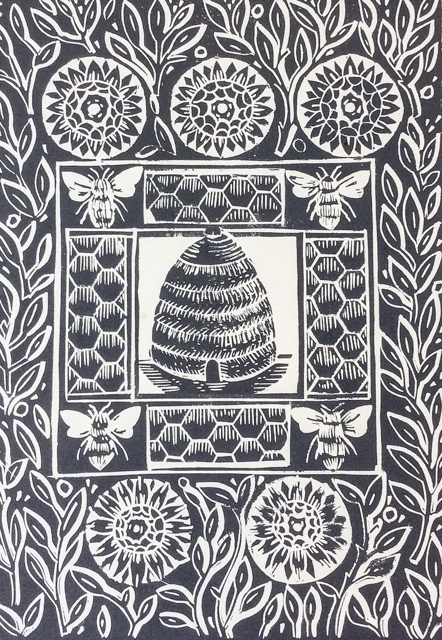 The Bee Hive Original Linocut Print, Slate Grey