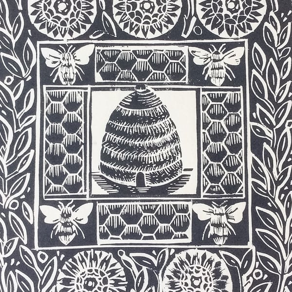 The Bee Hive Original Linocut Print, Slate Grey
