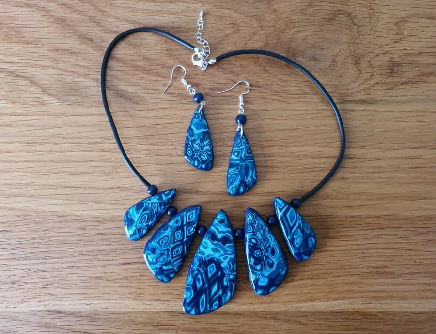 Unique Statement Necklace and Earring Set In Shades Of Blue