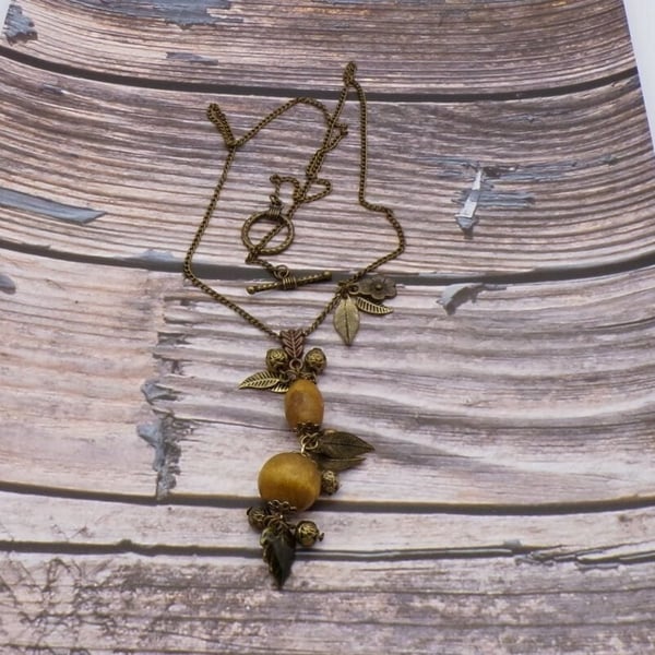 Bronze Tone Wooden Bead Necklace - Metal Flowers, 20 Inch Chain